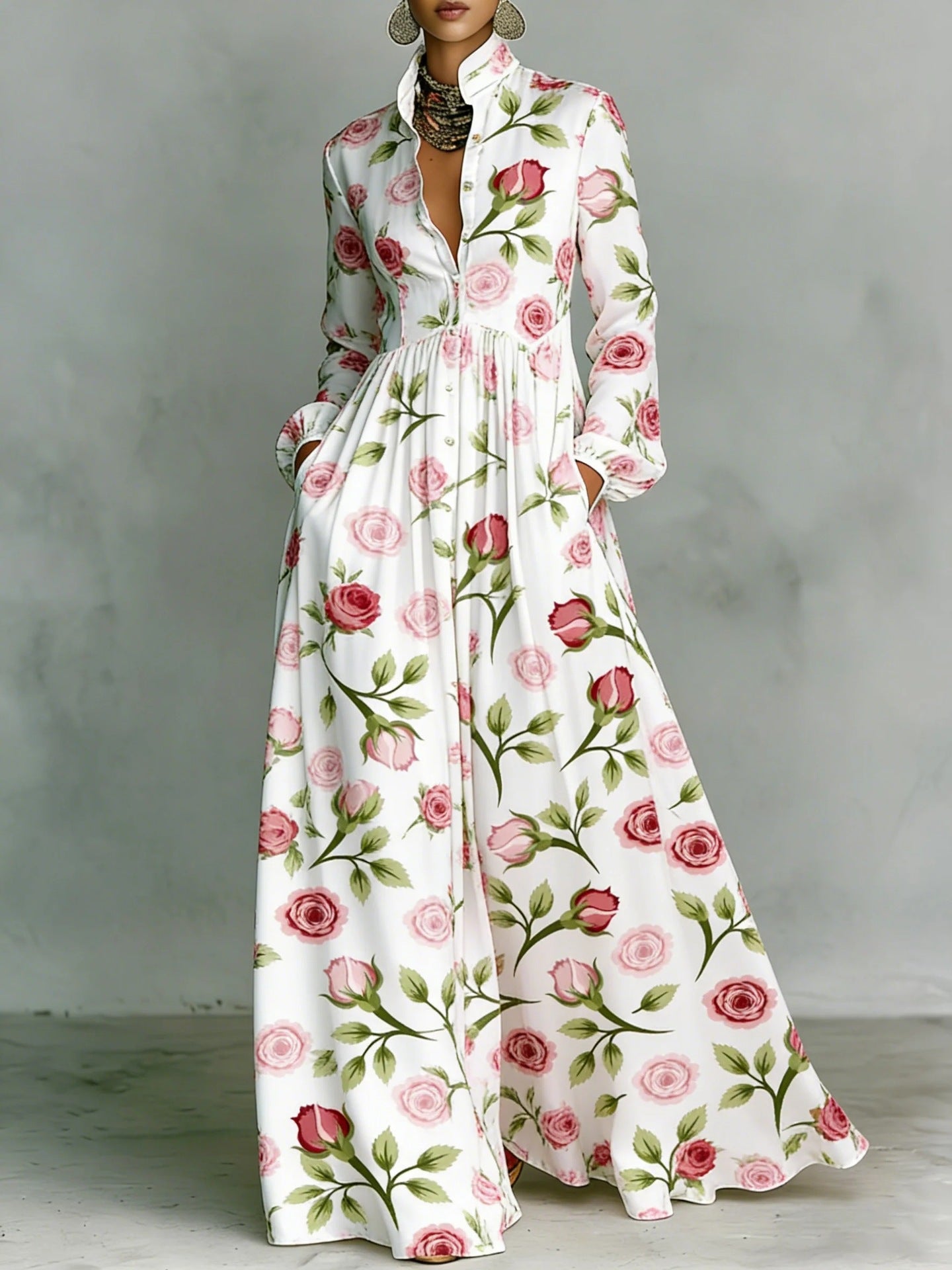 Vintage Floral Maxi Dress Long Sleeve Button Down Pockets