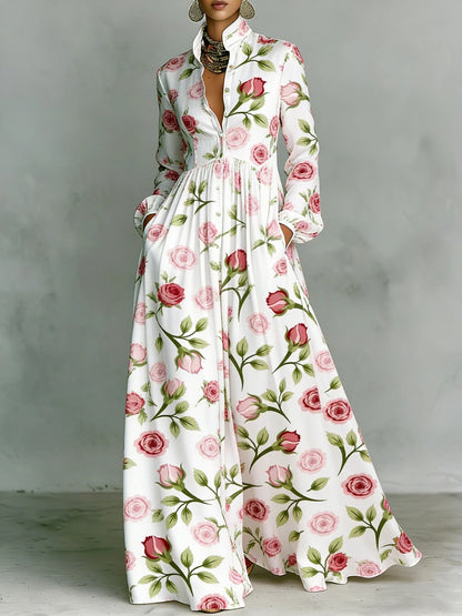 Vintage Floral Maxi Dress Long Sleeve Button Down Pockets