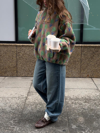 Floral Fleece Half Zip Pullover High Neck Oversized Sweatshirt