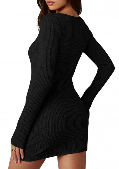 Solid ribbed knit bodycon mini dress bell sleeve