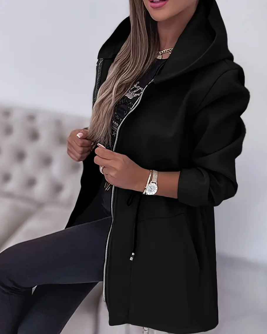 Women's Hooded Drawstring Waist Zip-Up Mid Length Jacket