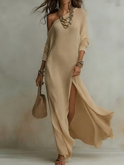 Women's One Shoulder Long Sleeve Side Slit Knit Maxi Dress