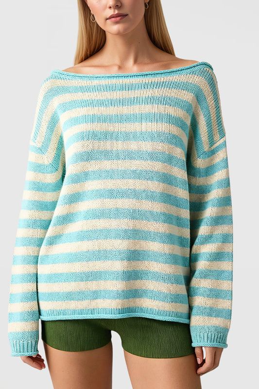 Striped Knit Oversized Crew Neck Sweater Pullover