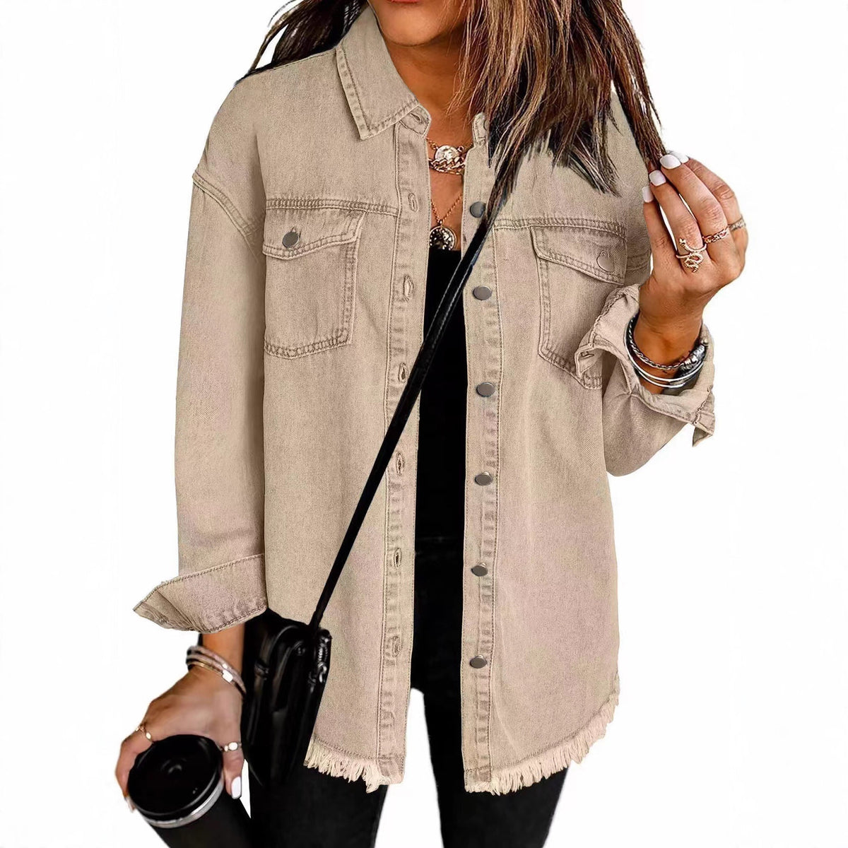 Women's Oversized Denim Shacket Frayed Hem Jacket