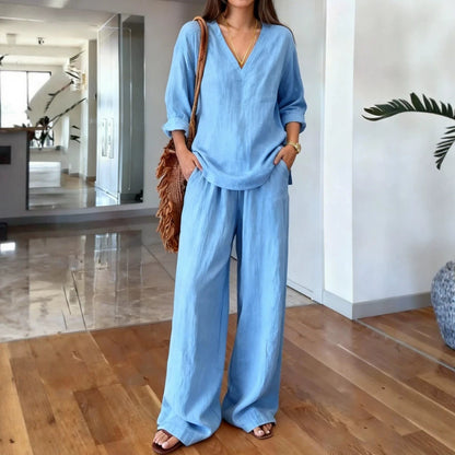 Women's V-Neck Long Sleeve & Wide Leg Pants Matching Set
