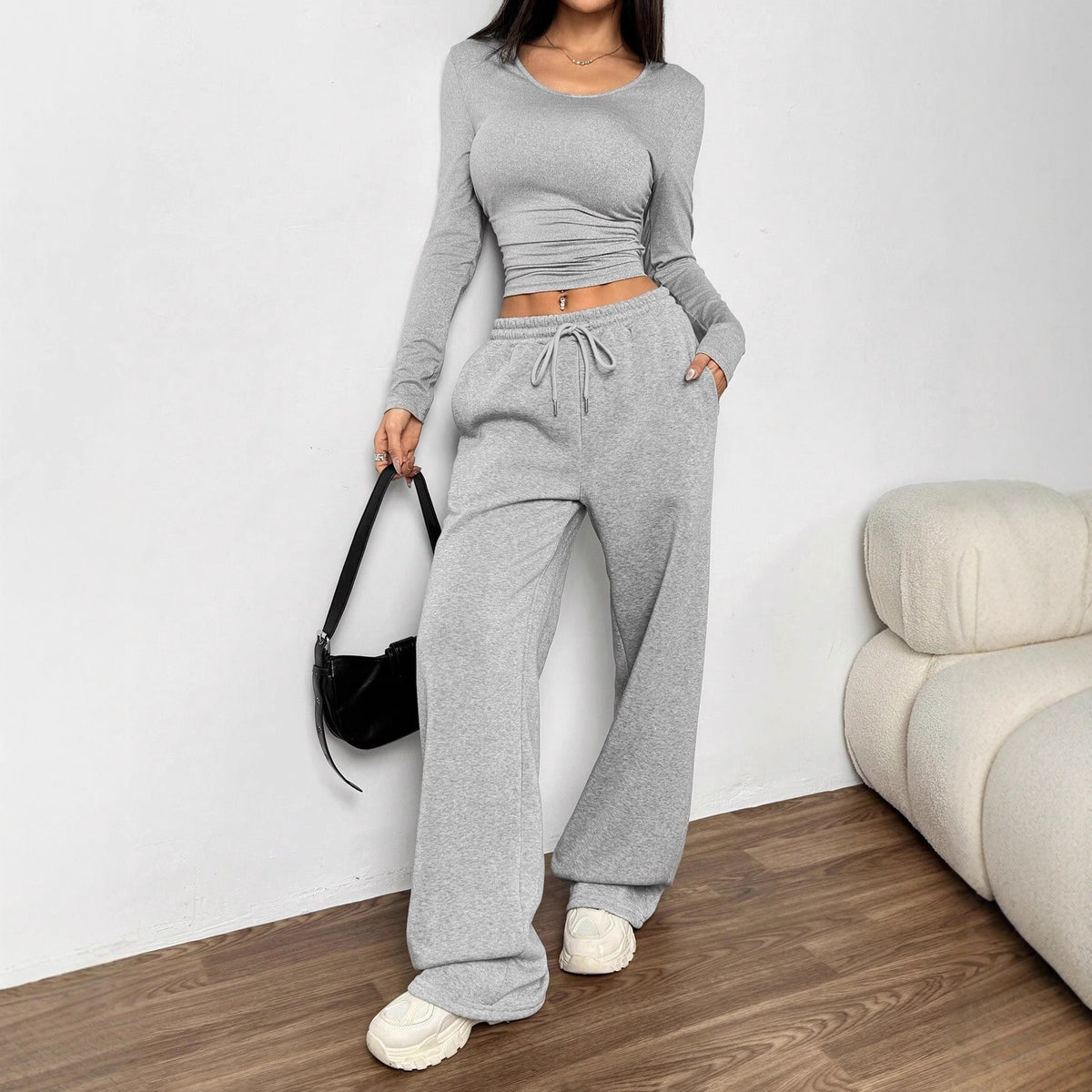 Women's Two Piece Lounge Set Wide Leg Pants Long Sleeve Top