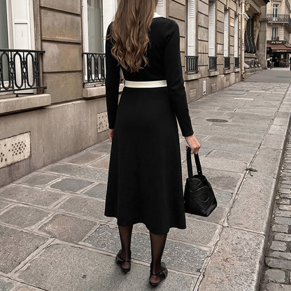 Contrast Trim V Neck Tie Waist Knit Midi Dress