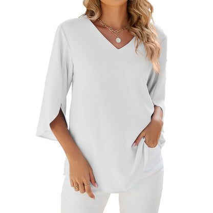 Solid Chiffon Blouse V Neck Loose Fit Custom Top