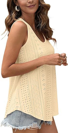 Eyelet Knit Tank Top Sleeveless Loose Fit Summer Top