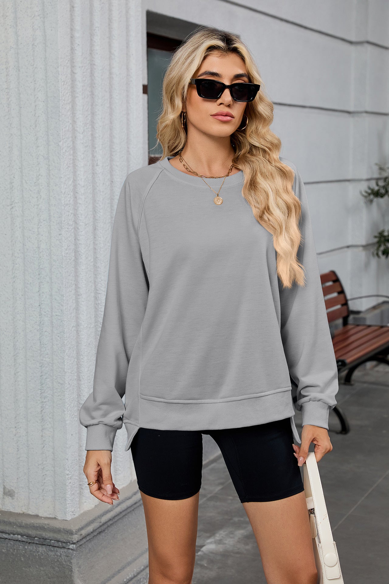 Women Oversized Crewneck Sweatshirt Long Sleeve Side Slit
