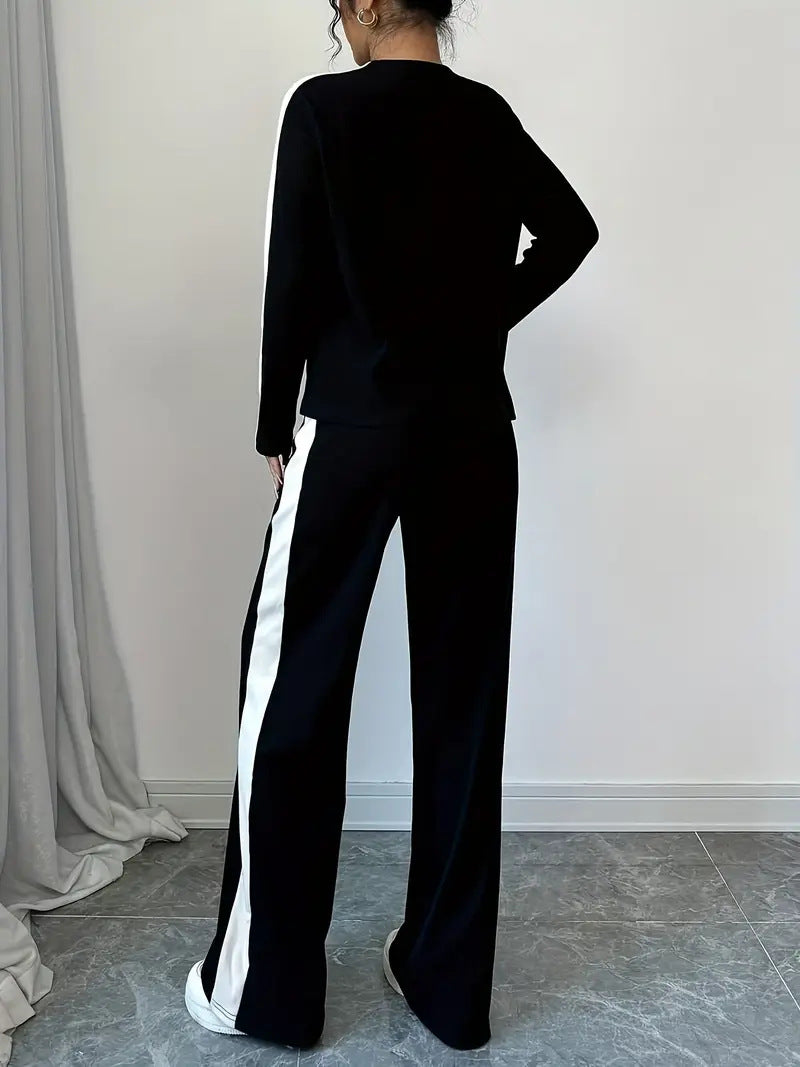 Color Block Raglan Top Wide Leg Pants Lounge Set