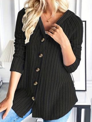 Women's Hooded Ribbed Button Front Cardigan