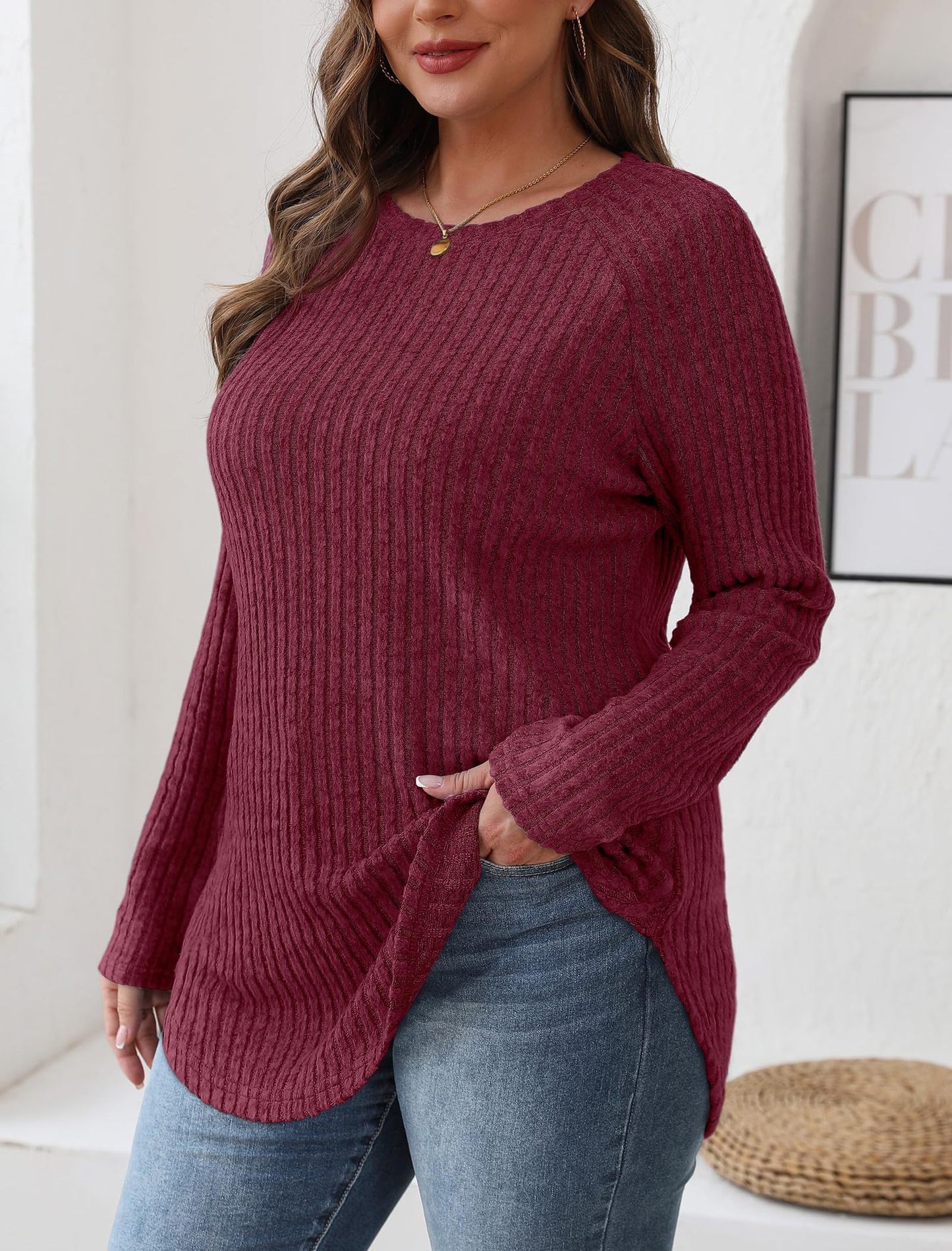 Women's Ribbed Long Sleeve Tunic Top Curved Hem Crew Neck