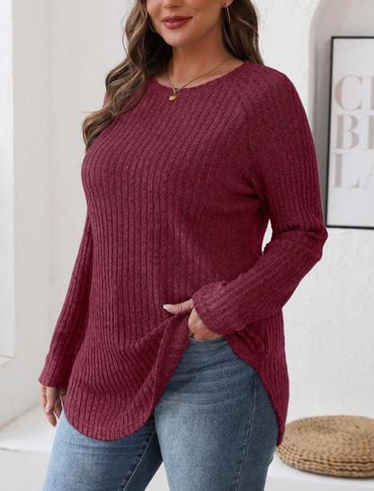 Women's Ribbed Long Sleeve Tunic Top Curved Hem Crew Neck