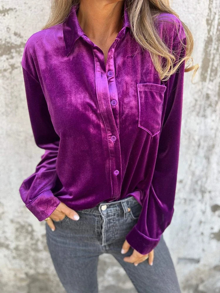 Women's Velvet Button Down Shirt Long Sleeve