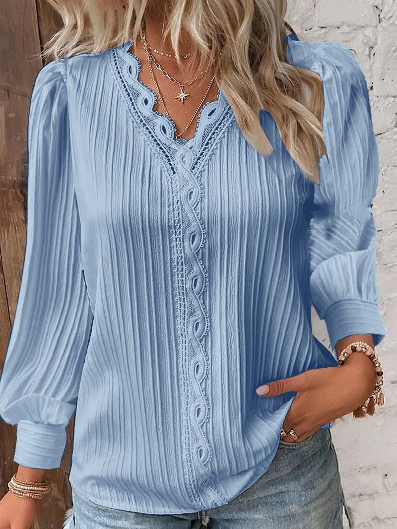 Women V Neck Eyelet Lace Puff Sleeve Blouse