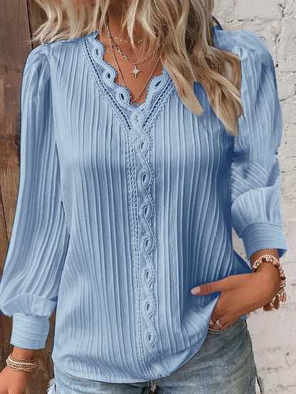 Women V Neck Eyelet Lace Puff Sleeve Blouse