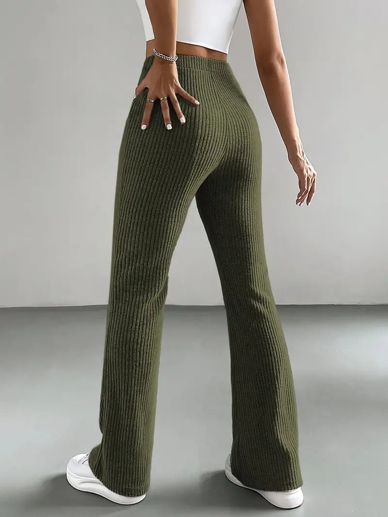 Women's High Waist Ribbed Knit Flare Pants Stretchy Casual