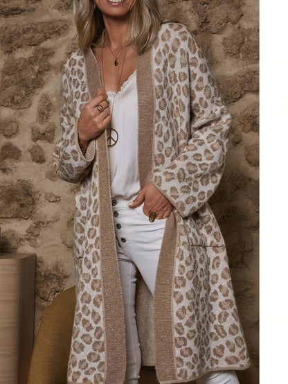 Women's Leopard Print Long Cardigan Open Front Pockets