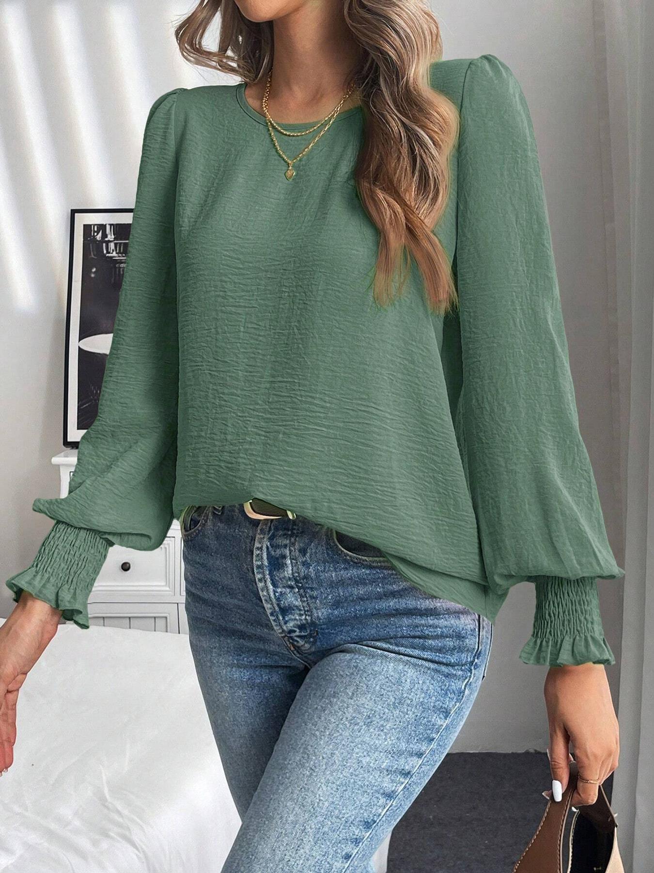 Women's Round Neck Balloon Sleeve Casual Blouse