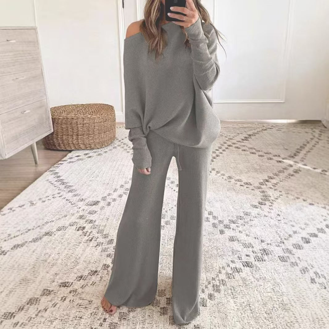 Women's Off Shoulder Oversized Knit Set Wide Leg Pants