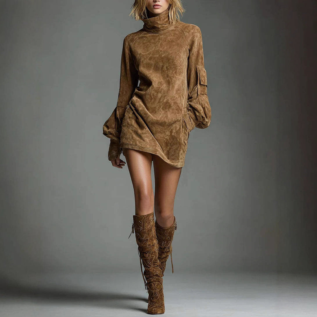 Women's Vintage Suede Mock Neck Long Sleeve A-Line Dress