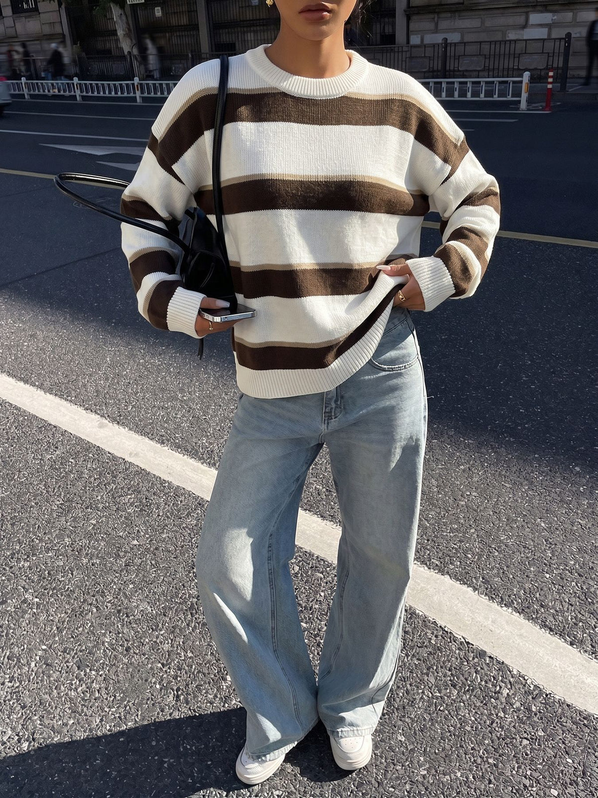 Women's Vintage Oversized Striped Crewneck Sweater