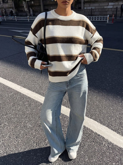 Women's Vintage Oversized Striped Crewneck Sweater
