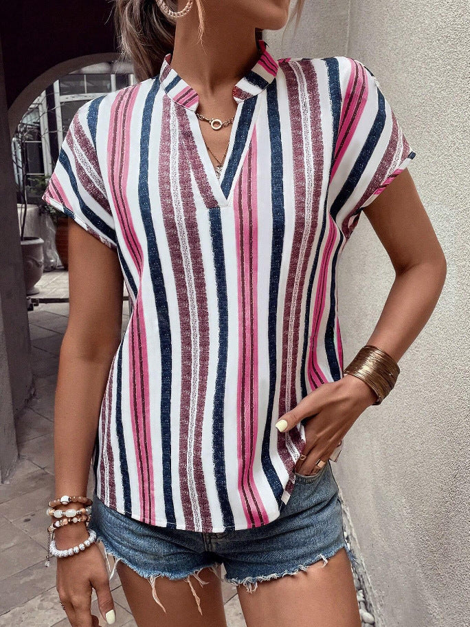 Striped V-Neck Batwing Sleeve Blouse for Women