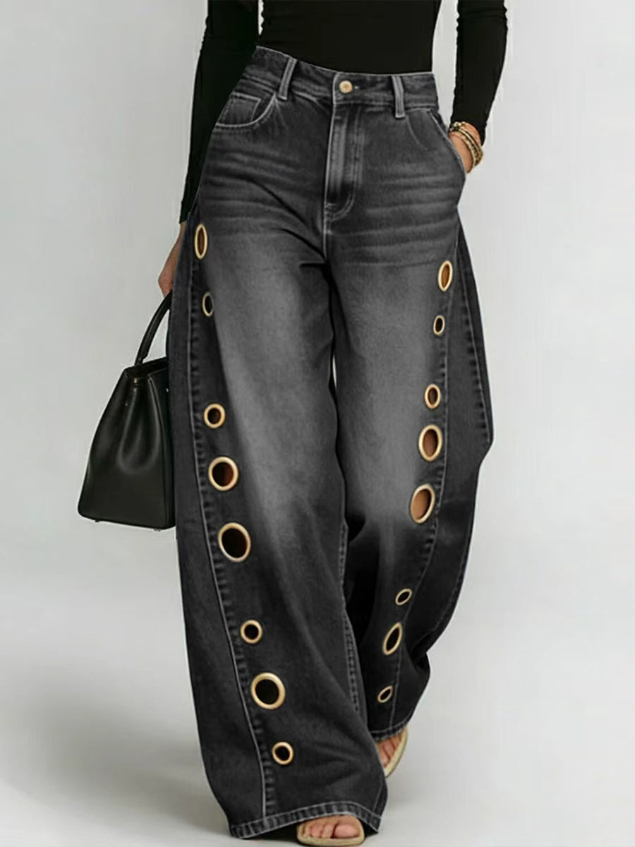 Vintage Wash Metal Eyelet Baggy Wide Leg Cut Out Jeans