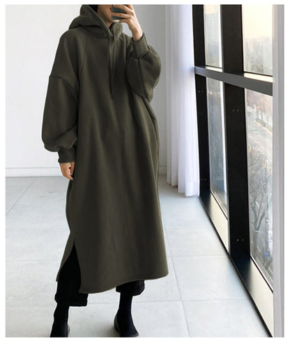 Oversized Fleece Maxi Hoodie Dress Side Slit Pullover
