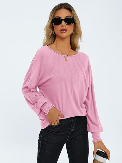 Women's Pleated Crewneck Balloon Sleeve Oversized Top