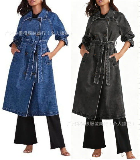 Womens Long Denim Trench Coat Oversized Vintage Jacket