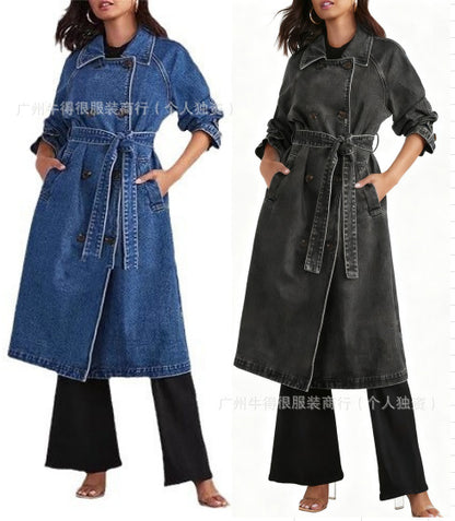 Womens Long Denim Trench Coat Oversized Vintage Jacket