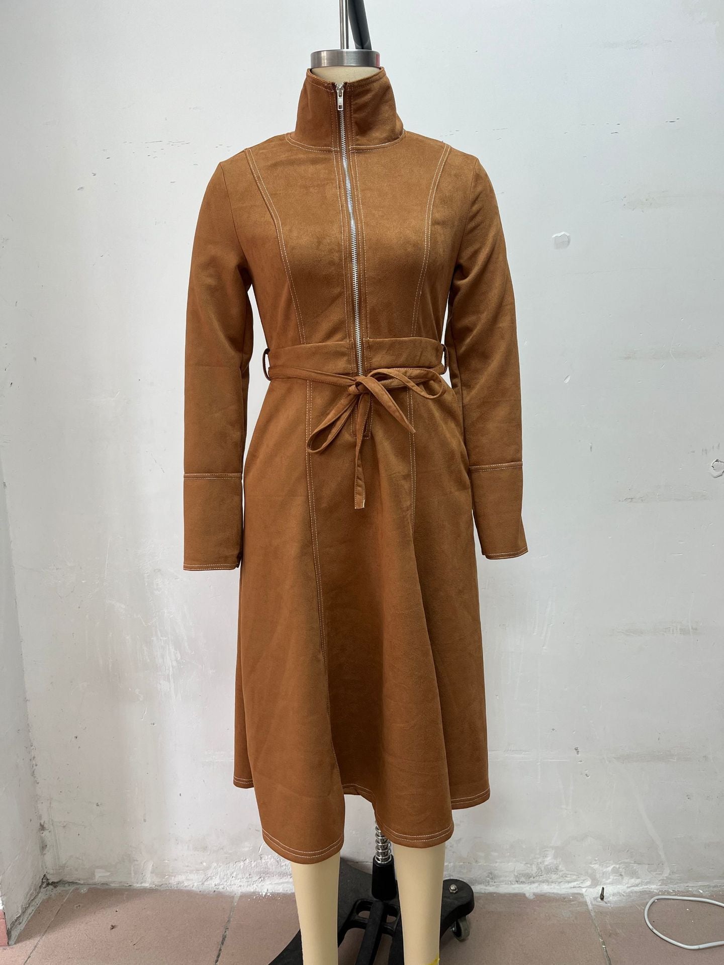 Vintage Faux Suede Long Sleeve Belted Zip Front Maxi Dress