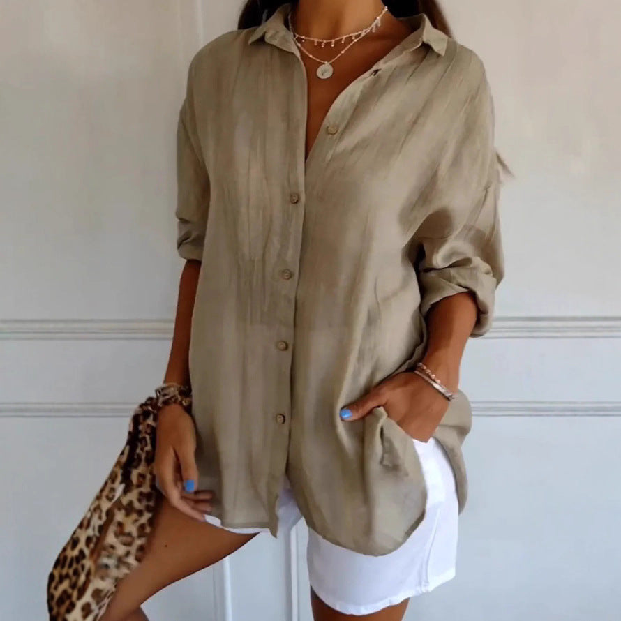 Women's Oversized Pleated Button Down Long Sleeve Shirt