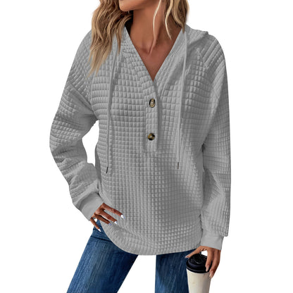 Women's Quilted V-Neck Button Hoodie Oversized Pullover
