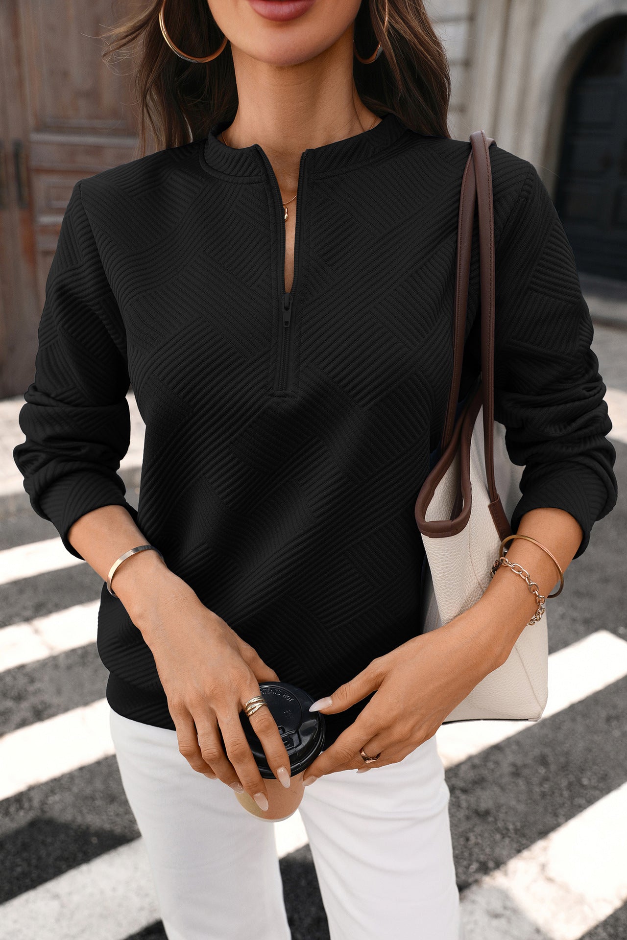 Quilted Half Zip Sweatshirt Loose Textured Pullover