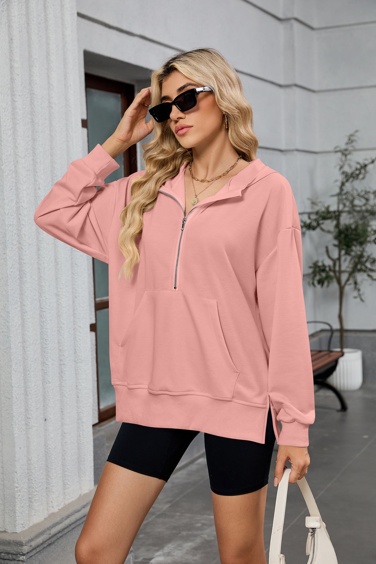 Womens Half Zip Hoodie Oversized Pocket Sweatshirt