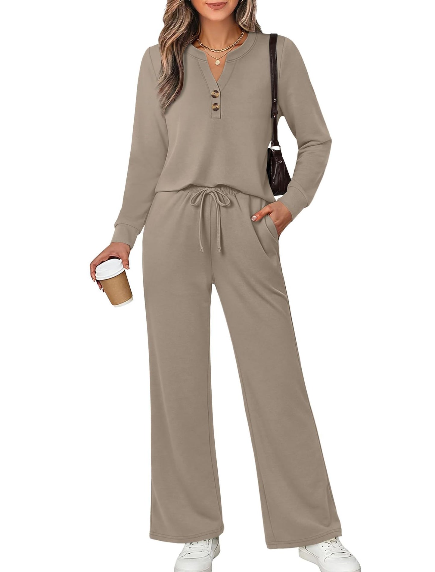 Women's 2 Piece Lounge Set Henley Top Wide Leg Pants