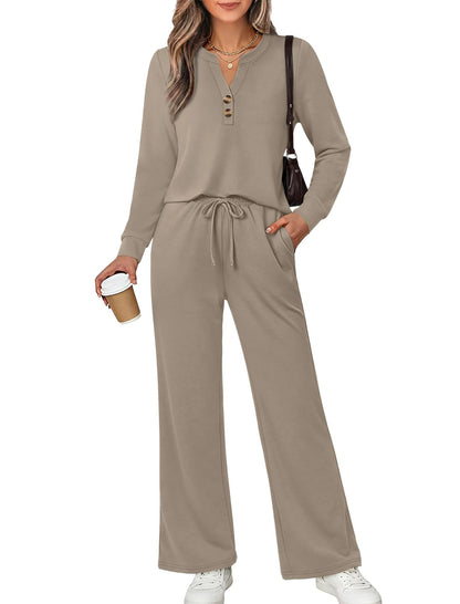 Women's 2 Piece Lounge Set Henley Top Wide Leg Pants