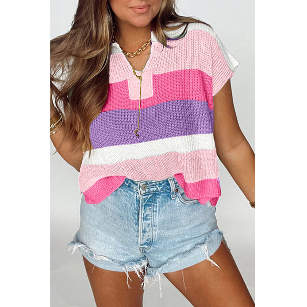 Blue White Pink Colorblock Notch Neck Knit Top