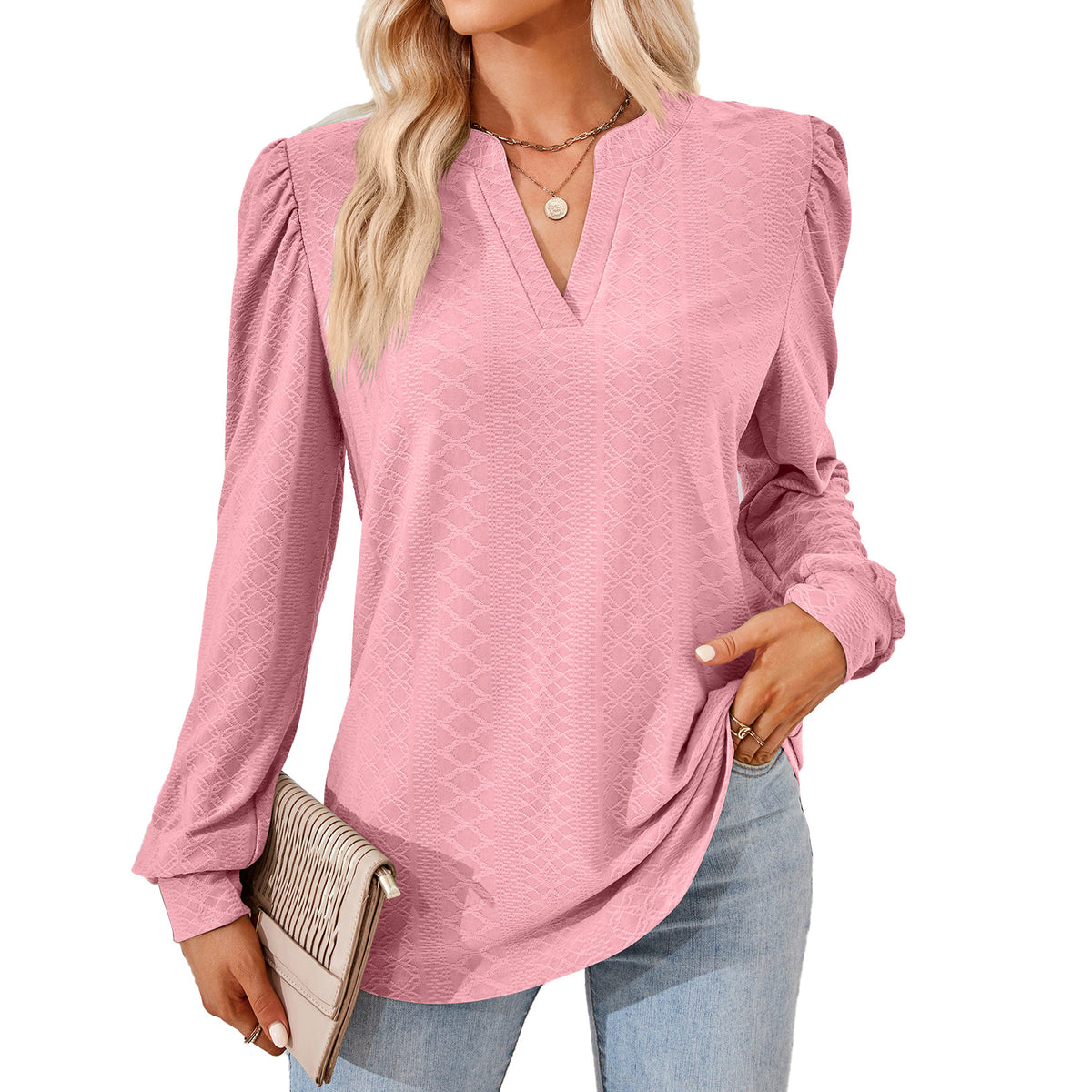 Women's V Neck Puff Sleeve Textured Tunic Top Long Sleeve