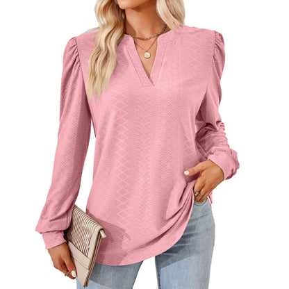 Women's V Neck Puff Sleeve Textured Tunic Top Long Sleeve