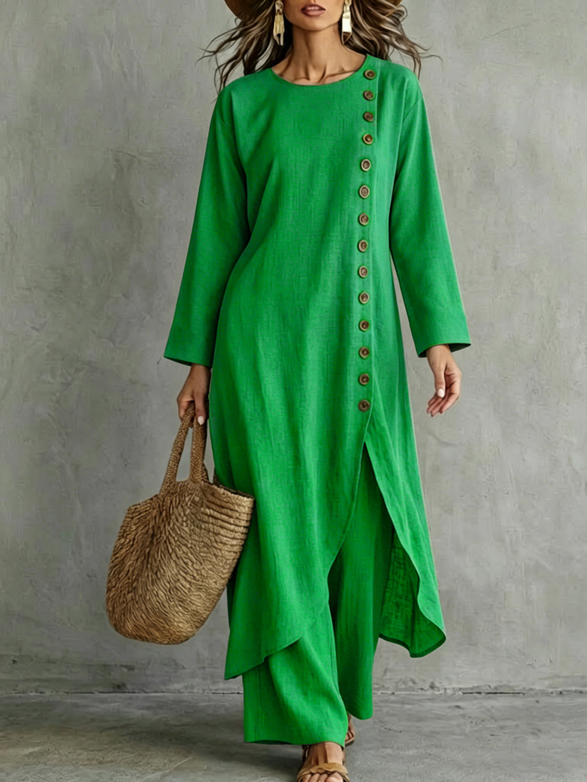 Linen Button Front Tunic Wide Leg Pants Two Piece Set