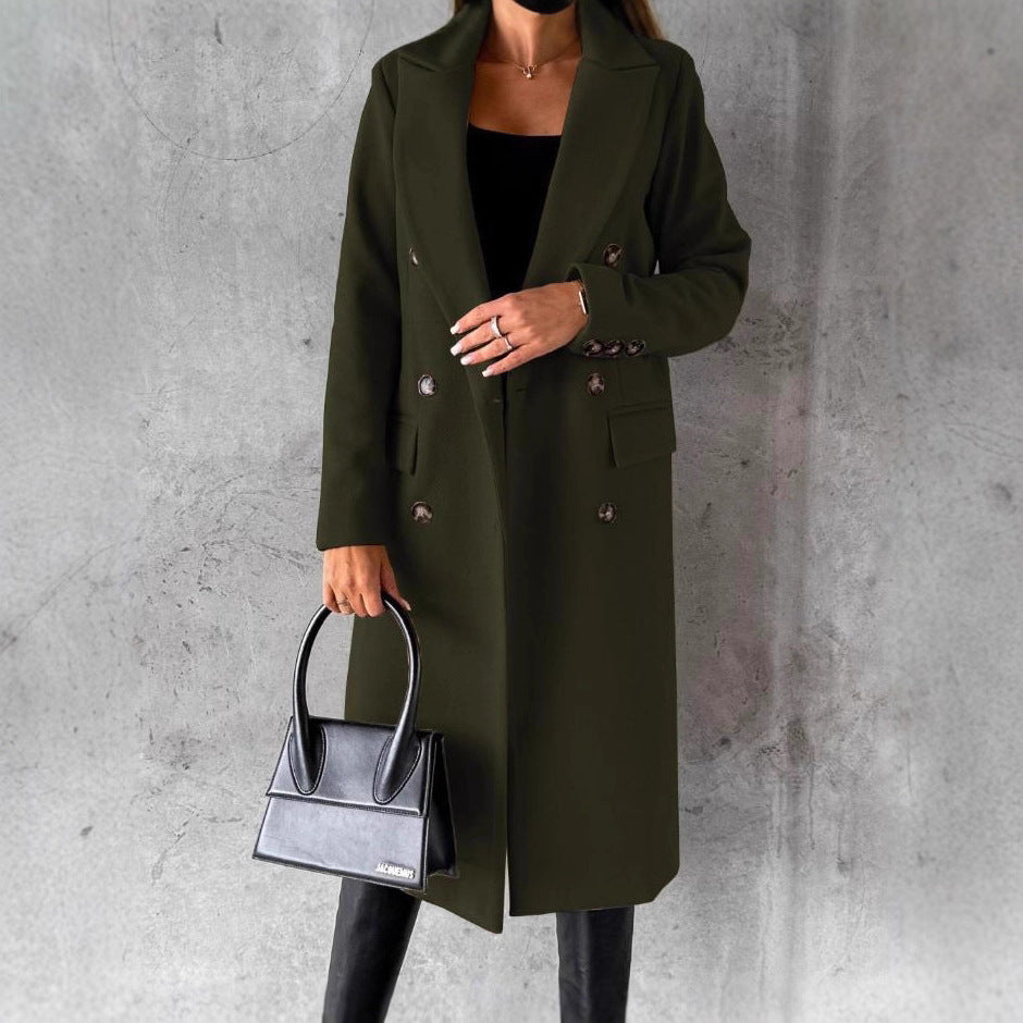 Women's Elegant Double Breasted Long Wool Overcoat