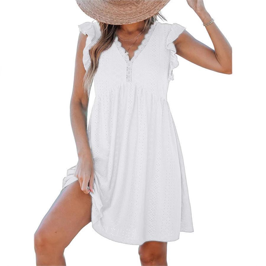 Lace Trim V Neck Eyelet Babydoll Dress for Women