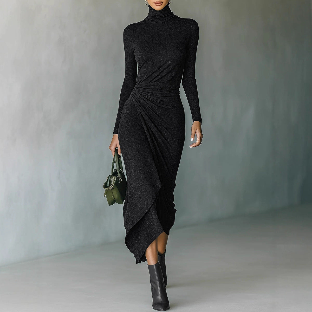 Turtleneck Ruched Long Sleeve Asymmetrical Midi Dress