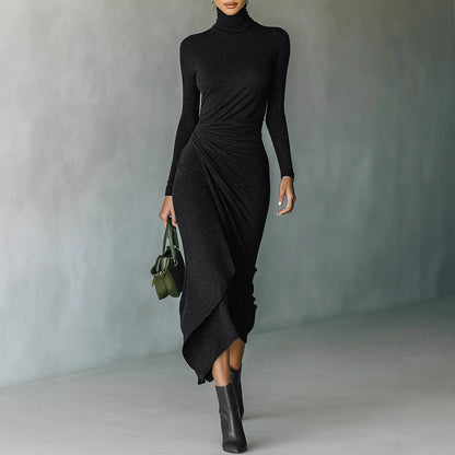 Turtleneck Ruched Long Sleeve Asymmetrical Midi Dress