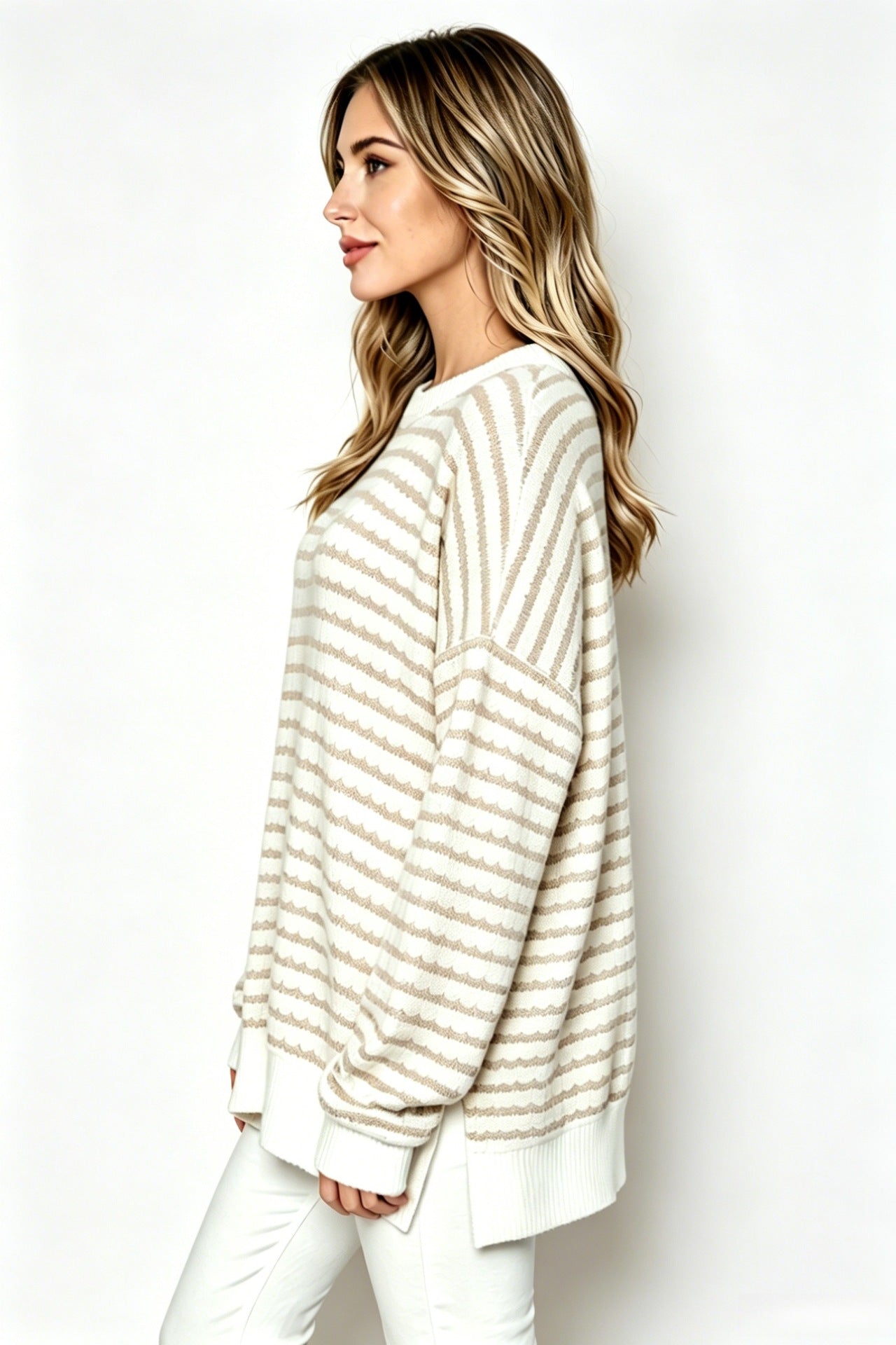 Oversized Stripe Knit Sweater Crew Neck Side Slit Pullover